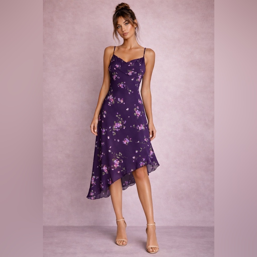 Y2K StudioY Purple Floral Chiffon Flute Asymmetrical Hem Dress Ruffle Baby Doll